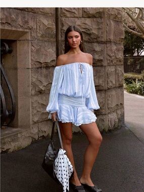 Peppermayo Light Blue & White Striped Off-Shoulder Mini Dress
